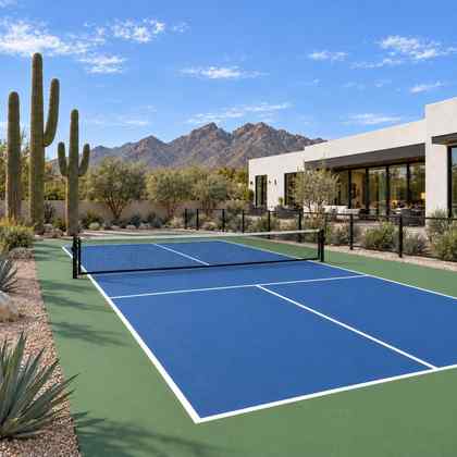 Illustrative rendering: the same court after a CushionX overlay, with fresh blue and green color coats