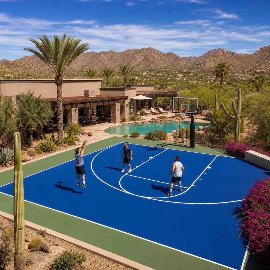 Backyard basketball court with Laykold surfacing in Arizona