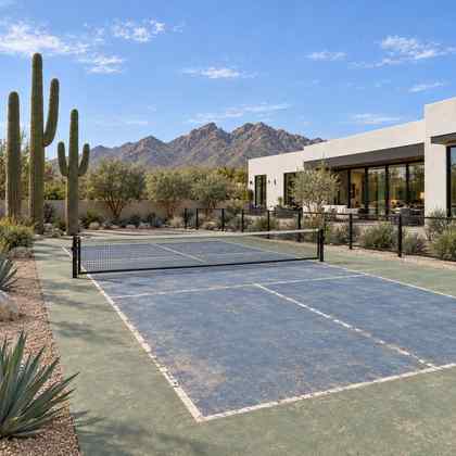 Illustrative rendering: a faded, cracked acrylic pickleball court before a CushionX overlay