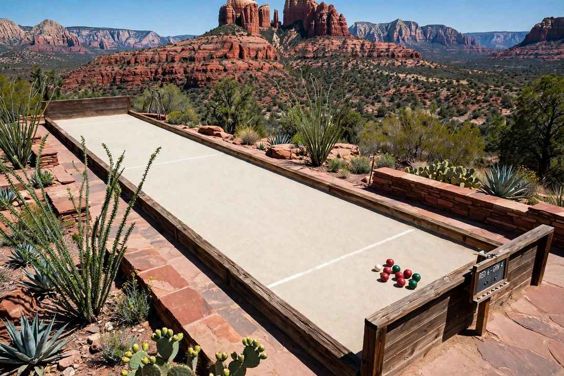Illustrative rendering: a bocce court with timber perimeter boards and a pale crushed surface, set into an Arizona red-rock landscape