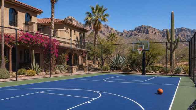Completed Laykold basketball half-court with regulation key and glass hoop in Arizona