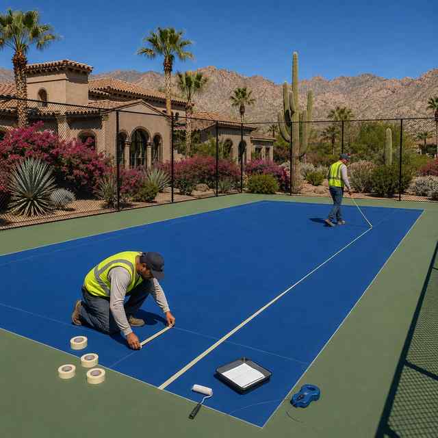 Crew taping and marking lines on a finished multi-sport court in Arizona