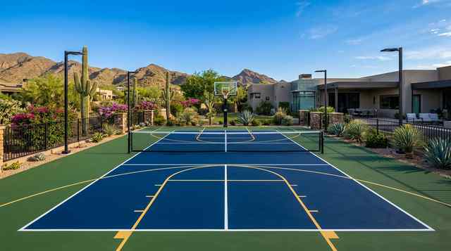 Completed Laykold multi-sport court with pickleball and basketball lines in Arizona