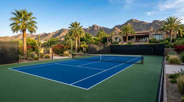 Completed championship Laykold tennis court with regulation lines in Arizona