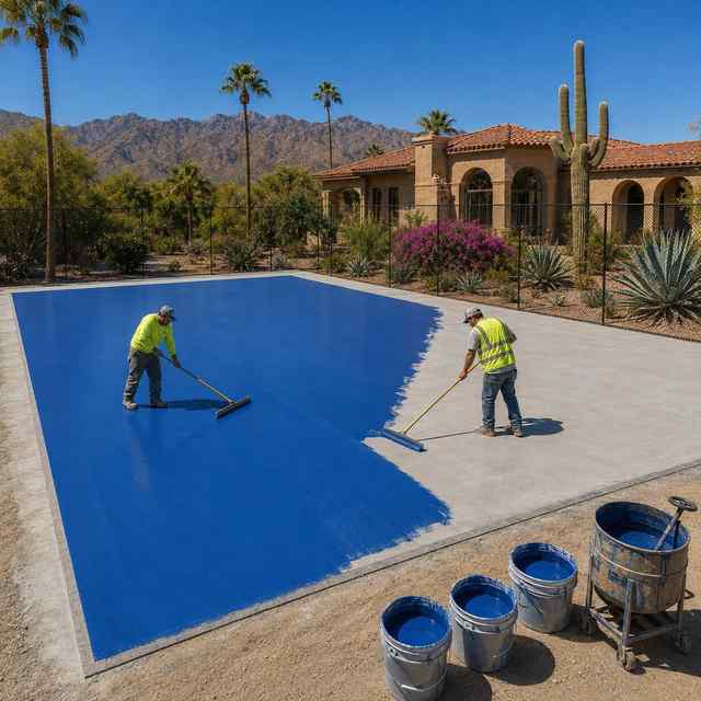 Crew squeegeeing Laykold acrylic color coats onto a tennis court slab in Arizona