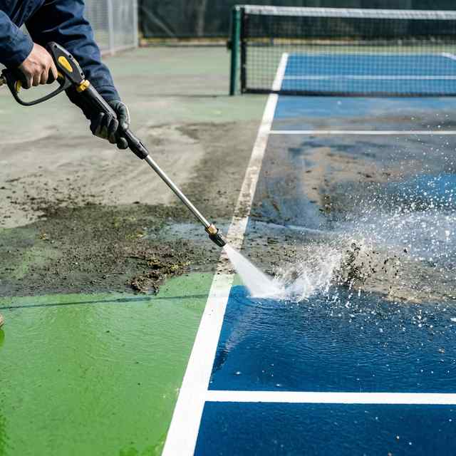 Crew deep cleaning a pickleball court surface