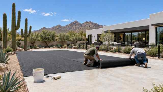 Illustrative rendering: two installers rolling a black CushionX rubber cushion mat out across a concrete court slab
