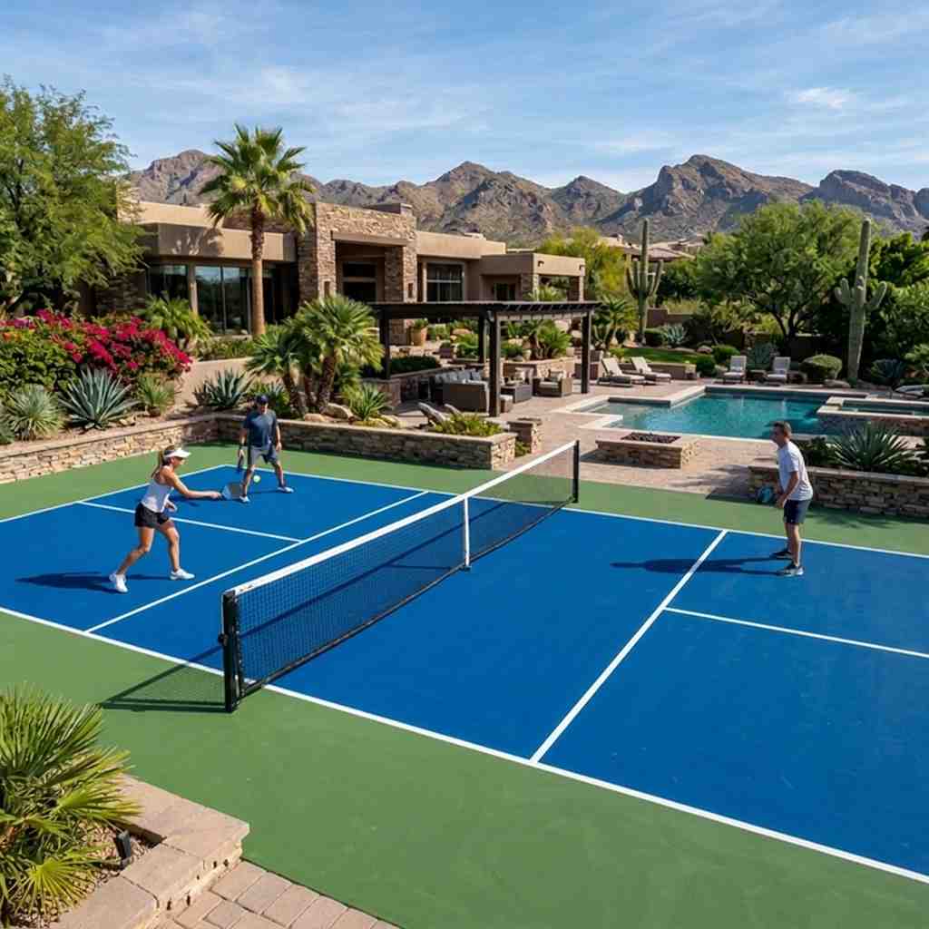 CushionX cushioned pickleball court in an Arizona backyard