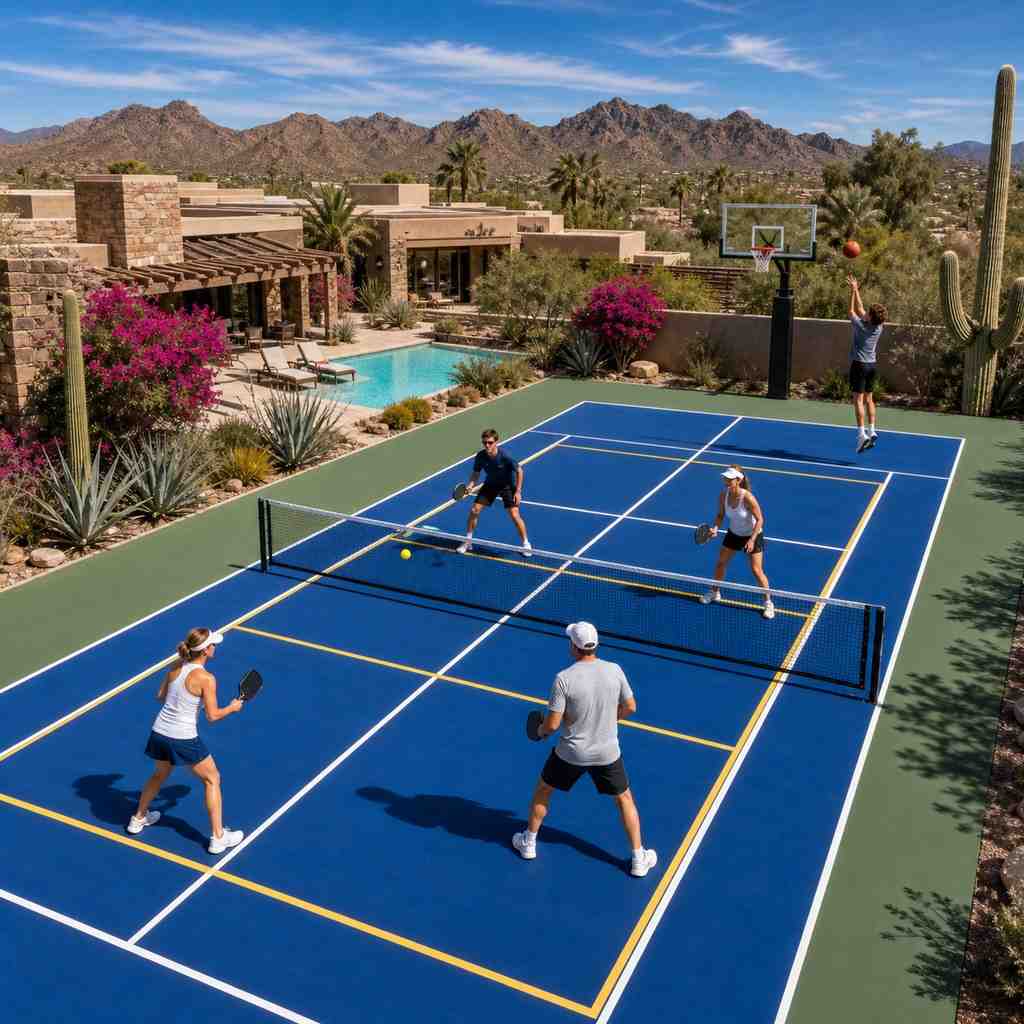 Backyard multi-sport court striped for pickleball, basketball and tennis in Arizona