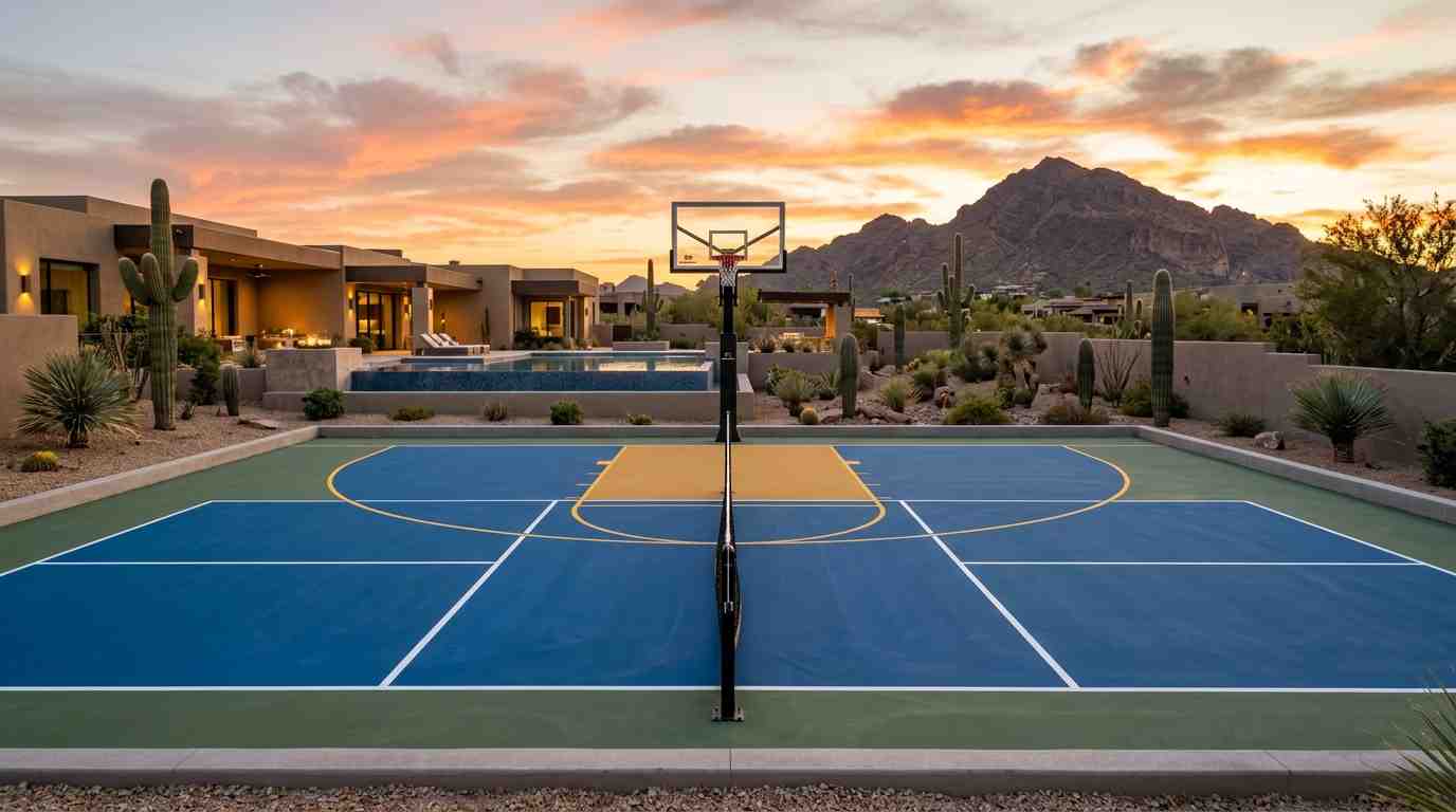 Backyard multi-sport court striped for several games in Arizona