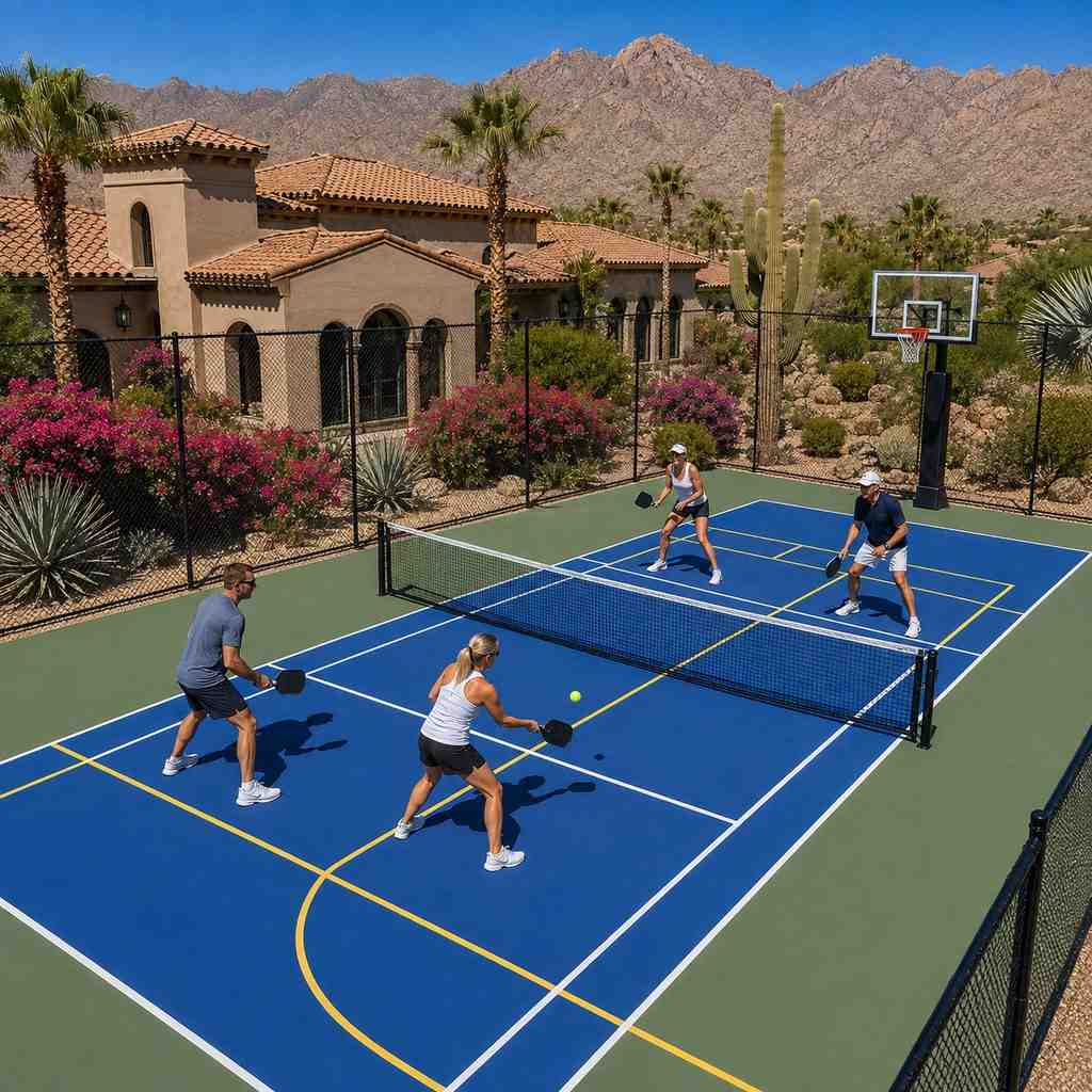 Backyard multi-sport court striped for several games in Arizona