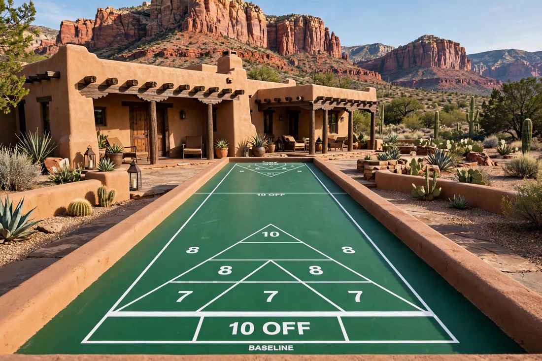 Illustrative rendering: an outdoor shuffleboard court with its 10-off band and scoring triangle marked out, beside an Arizona home